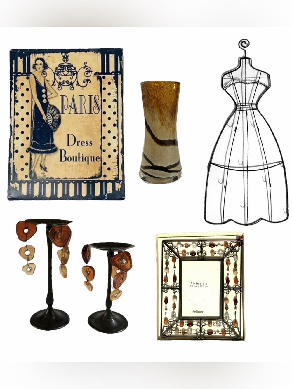 Decor Lot Poland Art Glass MCM Vase Candle Holders, Jewelry Holder Pier 1 Frame